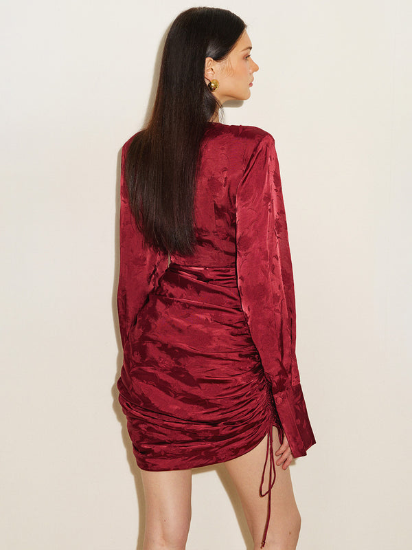 Jacquard Satin Drawstring Ruched Mini Dress