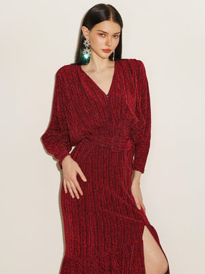 Glitter Batwing Sleeve Ruffles Hem Gown