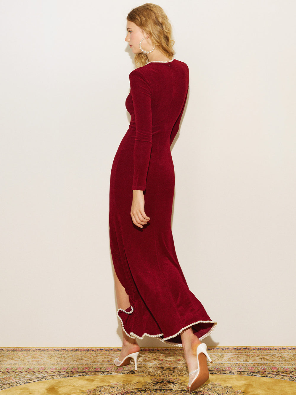 Glitter Beaded Trim Slit Gown