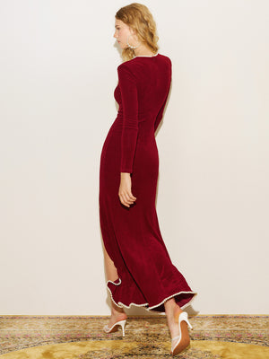Glitter Beaded Trim Slit Gown