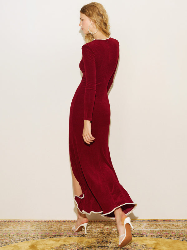 Glitter Beaded Trim Slit Gown