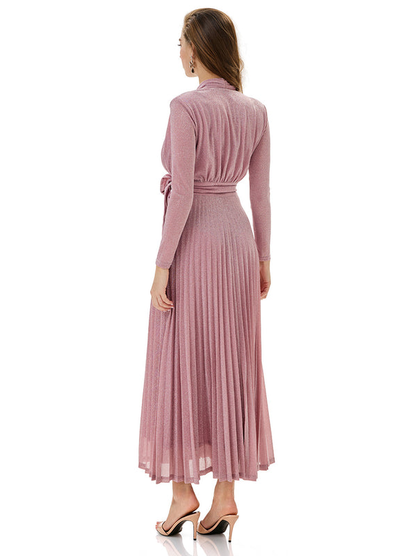 Metallic Knit Wrap Pleated Maxi Dress