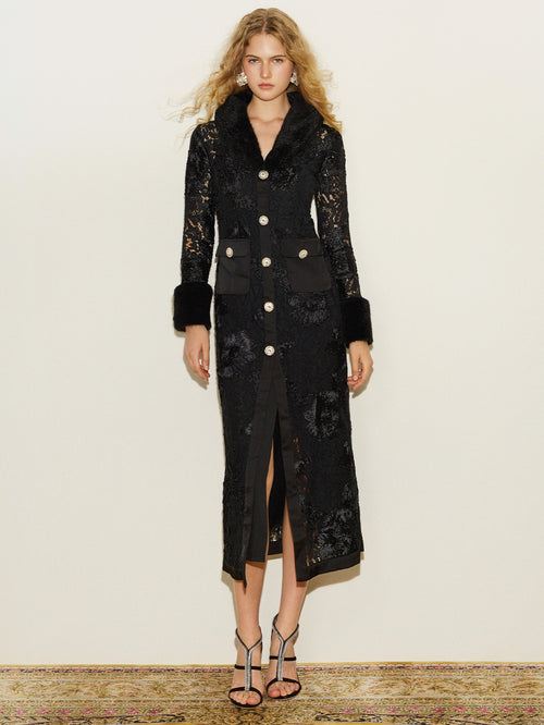 Faux Fur Appliqué Lace Dress