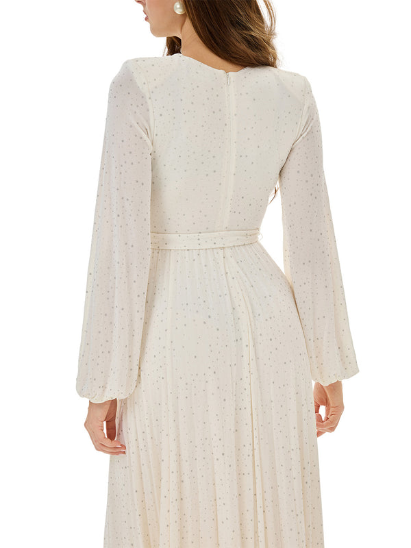 Glitter Pleated Belt Maxi Dress