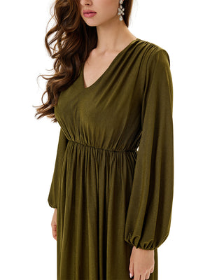 Ruched Lantern Sleeve Slit Party Dress