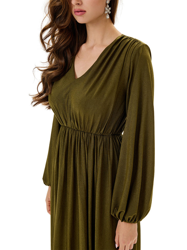 Ruched Lantern Sleeve Slit Party Dress