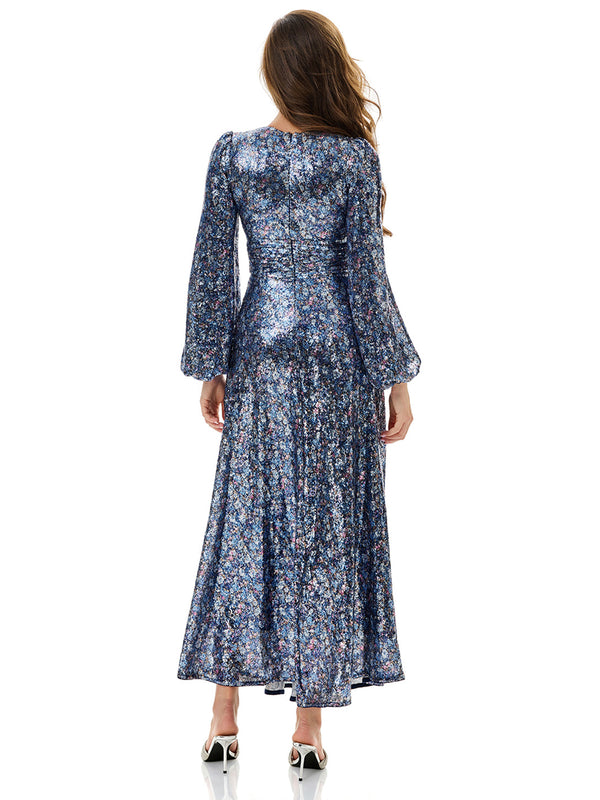 Floral Sequin Pleated Evening Dress