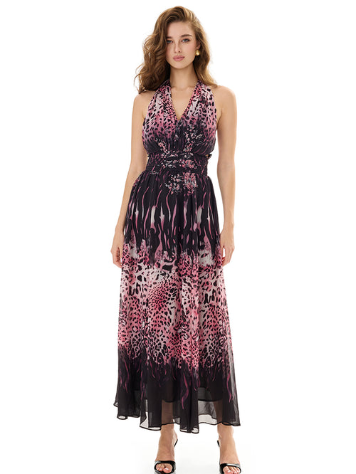 Halter Leopard Print Maxi Dress