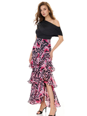 Cold Shoulder Top & Print Ruffles Skirt Sets