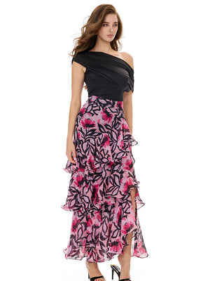 Cold Shoulder Top & Print Ruffles Skirt Sets