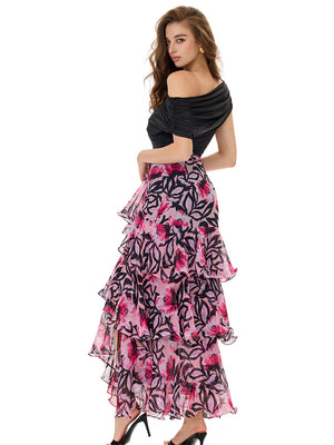 Cold Shoulder Top & Print Ruffles Skirt Sets