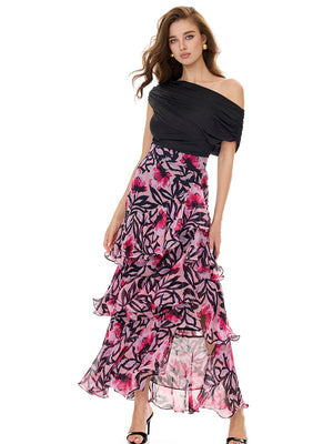 Cold Shoulder Top & Print Ruffles Skirt Sets