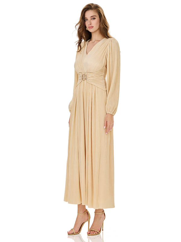 Champagne Puff Sleeve Belted Maxi Dress