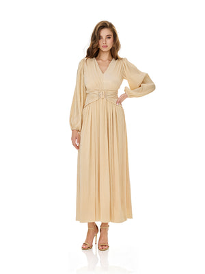 Champagne Puff Sleeve Belted Maxi Dress