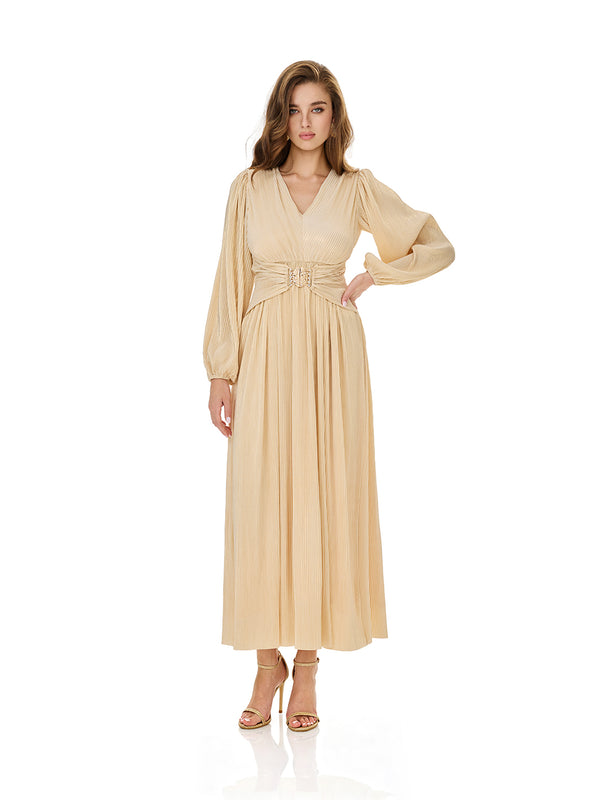 Champagne Puff Sleeve Belted Maxi Dress
