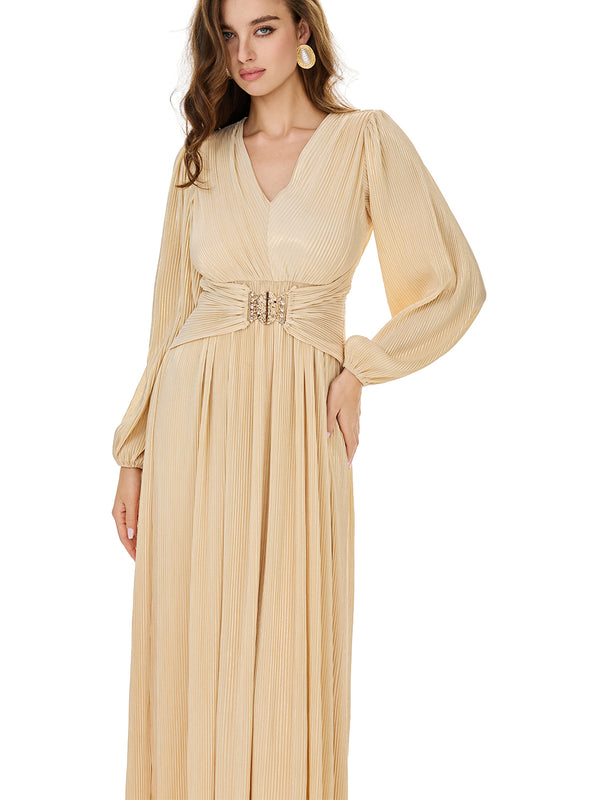 Champagne Puff Sleeve Belted Maxi Dress