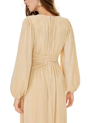 Champagne Puff Sleeve Belted Maxi Dress