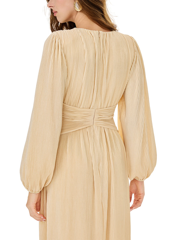 Champagne Puff Sleeve Belted Maxi Dress