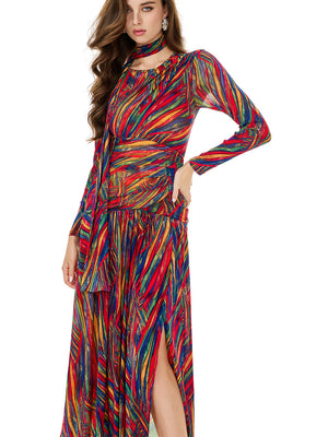 Colorful Rainbow Stripe Slit Dress