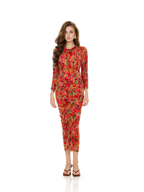 Floral Print Drawstring Ruched Bodycon Dress
