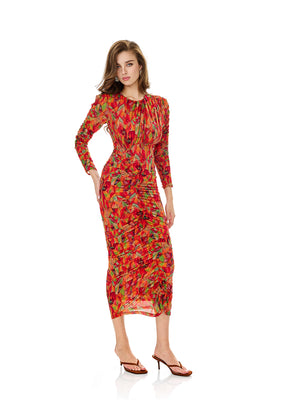 Floral Print Drawstring Ruched Bodycon Dress