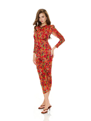 Floral Print Drawstring Ruched Bodycon Dress