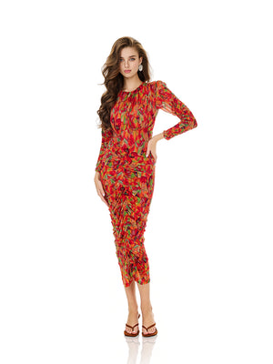 Floral Print Drawstring Ruched Bodycon Dress