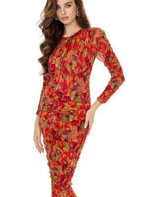 Floral Print Drawstring Ruched Bodycon Dress