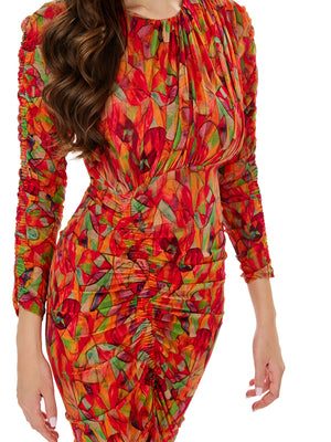 Floral Print Drawstring Ruched Bodycon Dress