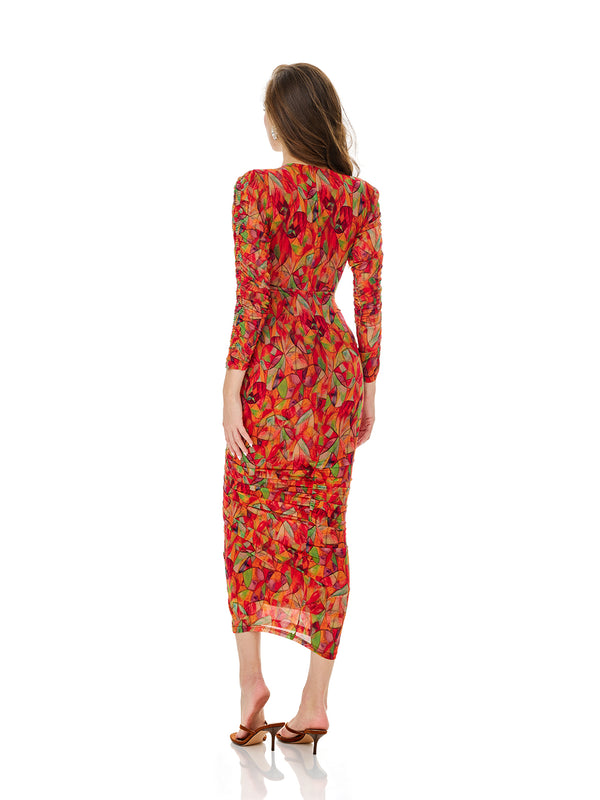 Floral Print Drawstring Ruched Bodycon Dress