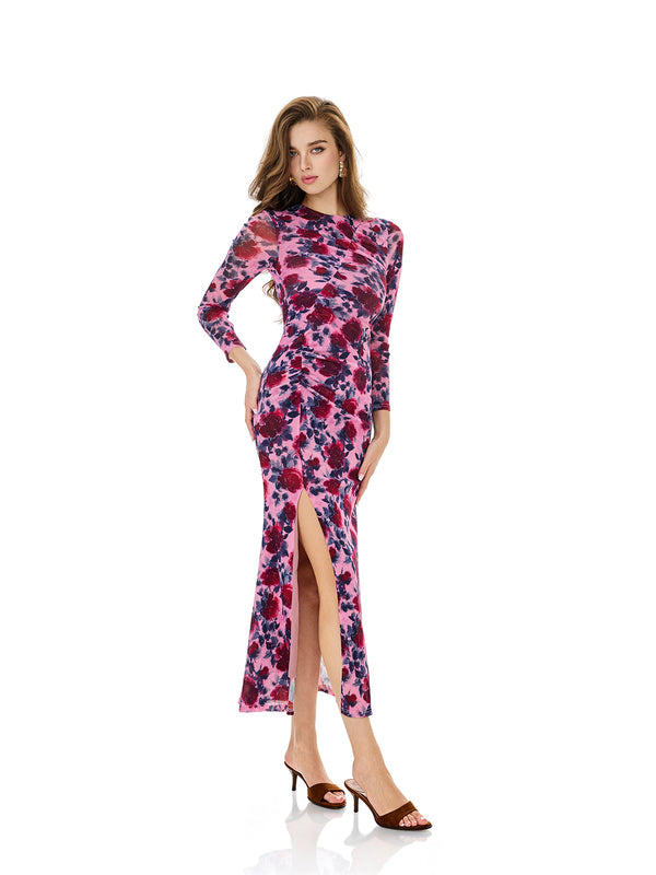 Floral Print Ruched Slit Dress