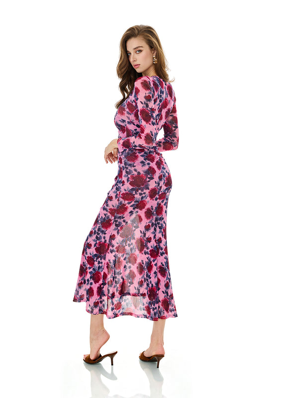 Floral Print Ruched Slit Dress
