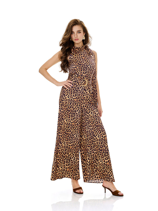 Leopard Print Wide Leg Jumpsuits