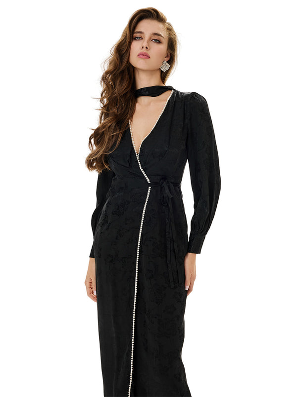 Plunging V-neck Pearl Detail Midi Dress