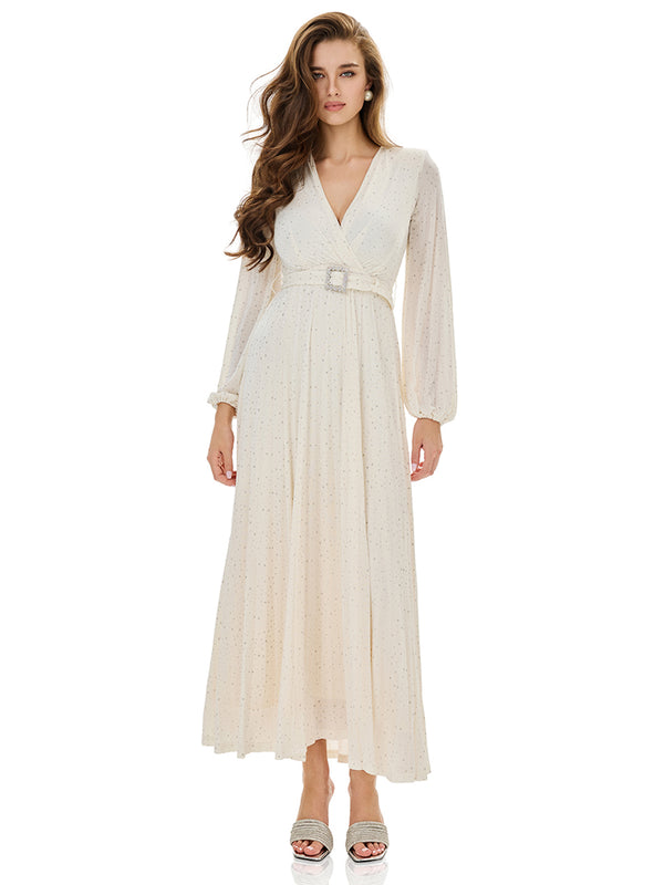 Glitter Pleated Belt Maxi Dress