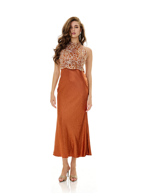 Floral Lace Bodice Satin Bodycon Dress