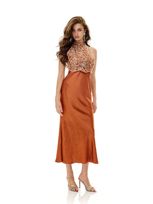 Floral Lace Bodice Satin Bodycon Dress