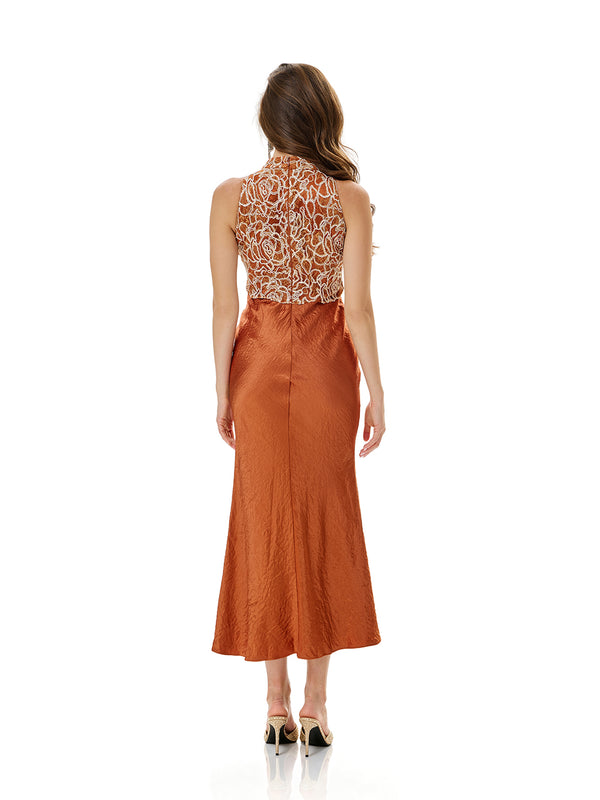 Floral Lace Bodice Satin Bodycon Dress