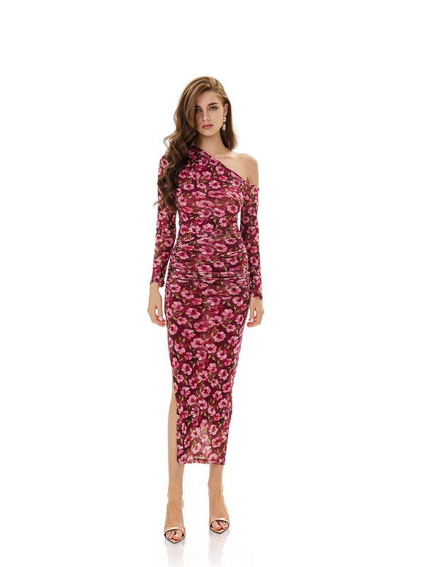 One Shoulder Floral Print Bodycon Dress