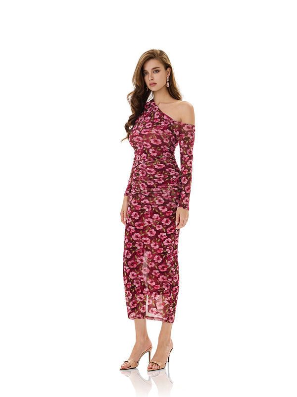 One Shoulder Floral Print Bodycon Dress