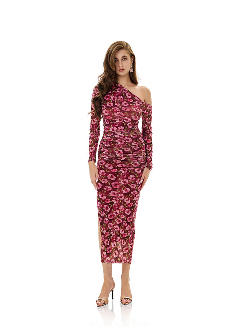 One Shoulder Floral Print Bodycon Dress