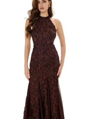 Lace Appliqué Mesh Gown