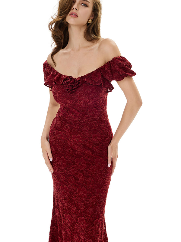 Off Shoulder Flower Lace Evening Dress
