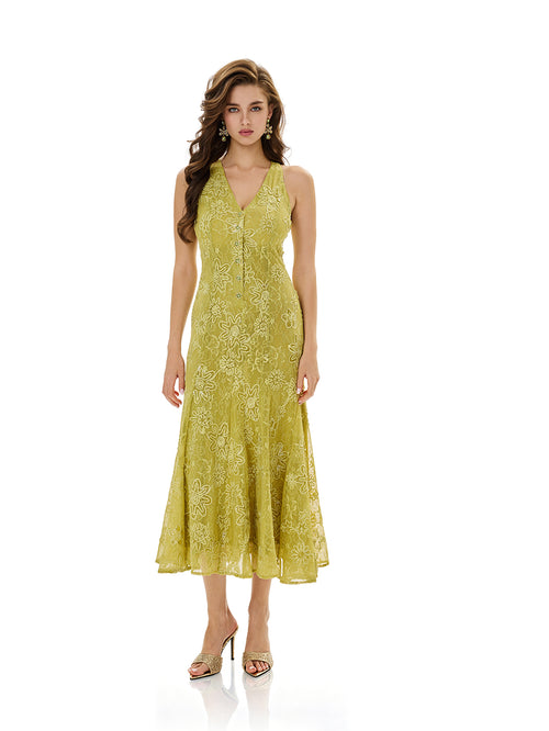 Sleeveless Embroidered Lace Midi Dress