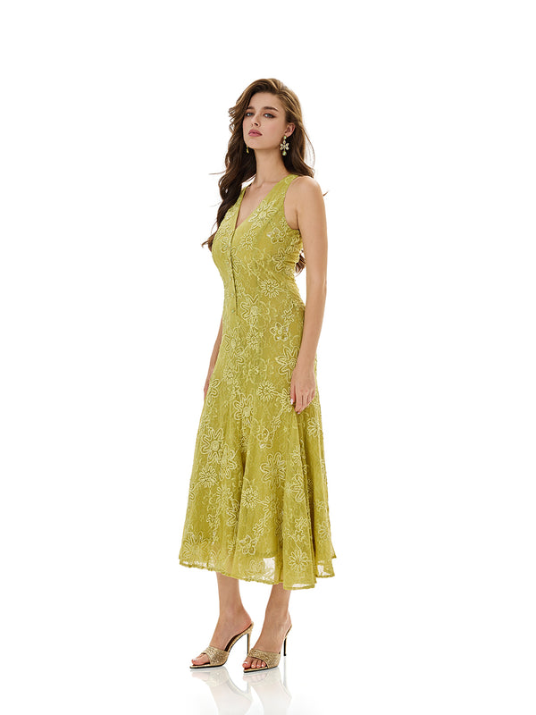 Sleeveless Embroidered Lace Midi Dress