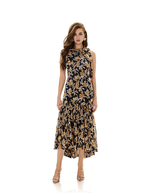 Floral Print Halter Ruffle Hem Dress