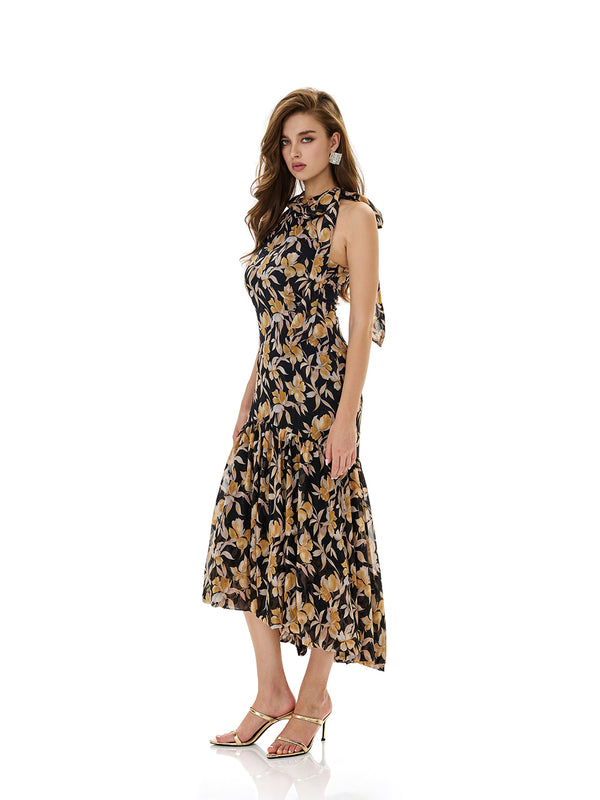 Floral Print Halter Ruffle Hem Dress