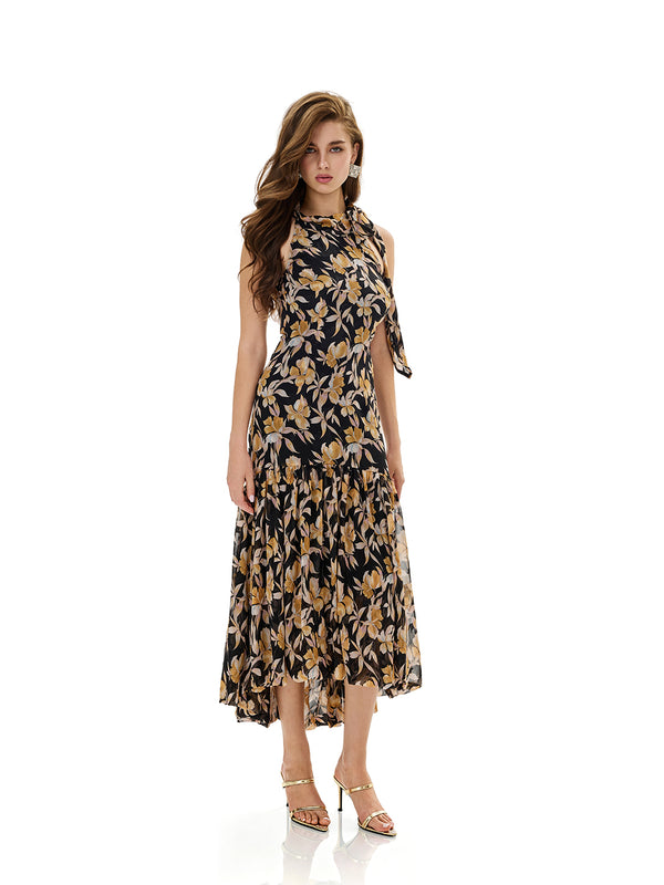 Floral Print Halter Ruffle Hem Dress
