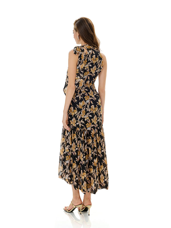 Floral Print Halter Ruffle Hem Dress