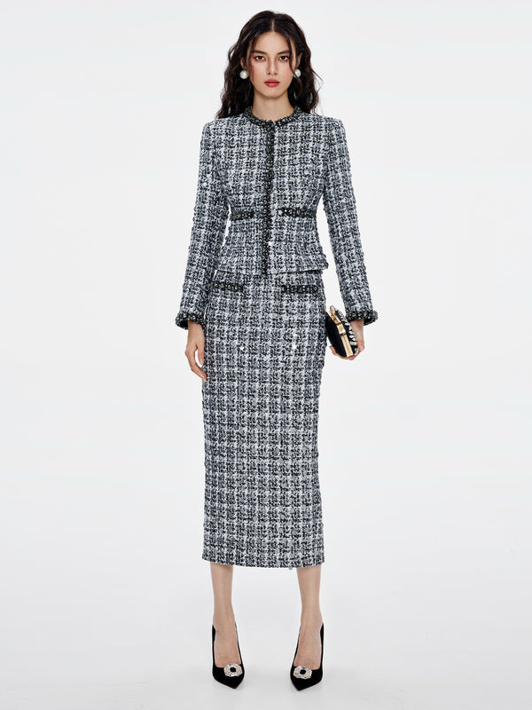 Crystal Embellished Details Jacket & Skirt Sets